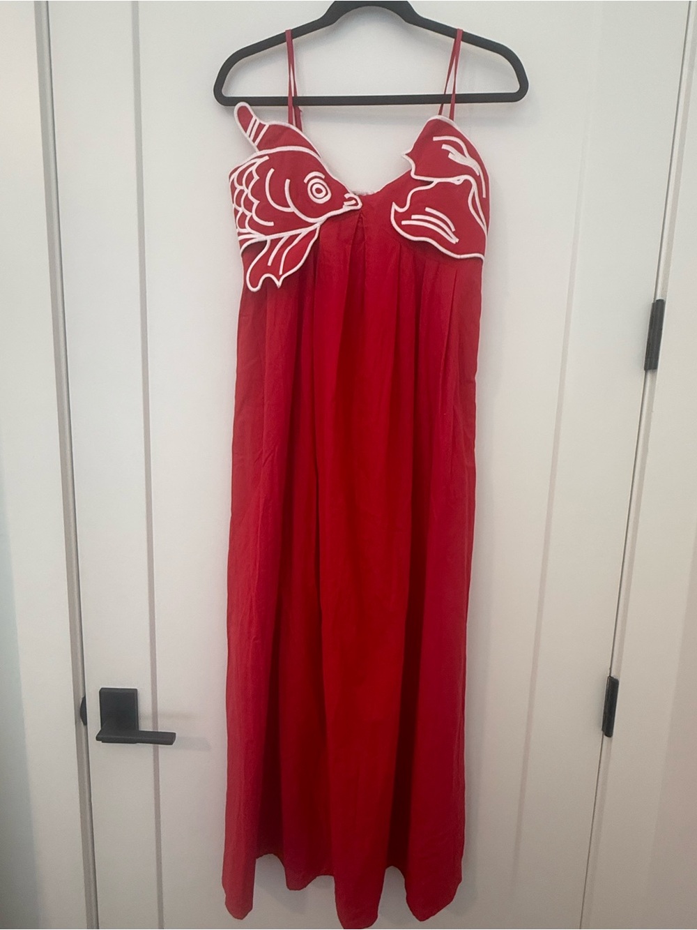 Red Maxi Dress with White Fish Appliqué